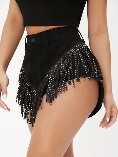 Plus Size Rhinestone Cowgirl, Rhinestone Tassel Shorts, Short Con Strass, Rhinestone Shorts, Fringe Clothing, Fringe Shorts, Women Denim Shorts, Black Cowgirl, Fiesta Outfit