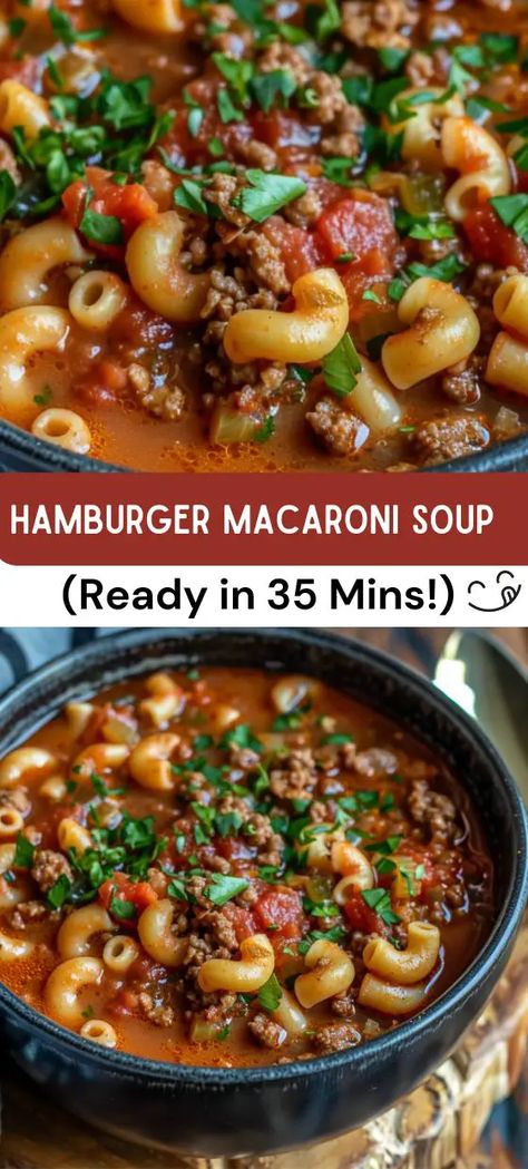 Hamburger Macaroni Soup Recipe (Ready in 35 Mins!) Hamburger Macaroni Soup, Best Hamburger Soup Recipe, Hamburger Macaroni, Macaroni Soup Recipes, Easy Hamburger Soup, Hamburger Vegetable Soup, Ground Turkey Soup, Hamburger Stew, Macaroni Soup