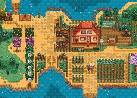 Stardew Valley Farm Layout Riverside, Riverside Farm Stardew, River Farm Layout Stardew Valley, River Farm Stardew Valley, Riverland Farm Layout, Stardew Valley Riverland, Stardew Valley Riverland Farm Layout, Stardew Valley Farm Ideas, Stardew Valley Game