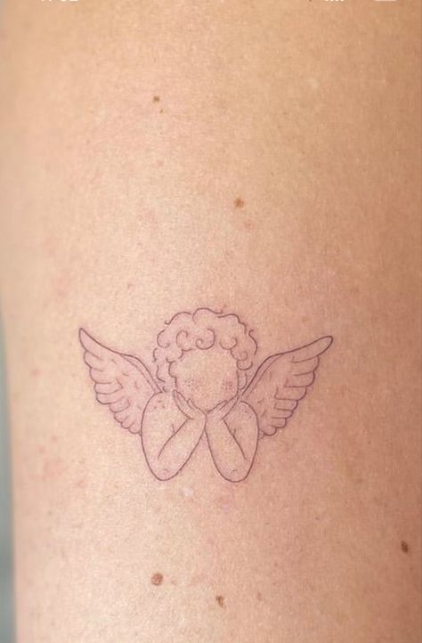 Cherub Tattoo Minimalist, Angel Outline Tattoo Simple, Angel Minimal Tattoo, Minimalistic Angel Tattoo, Fine Line Cherub Tattoo, Fineline Angel Tattoo, Angel Tattoo Minimal, Small Cupid Tattoo, Minimal Angel Tattoo