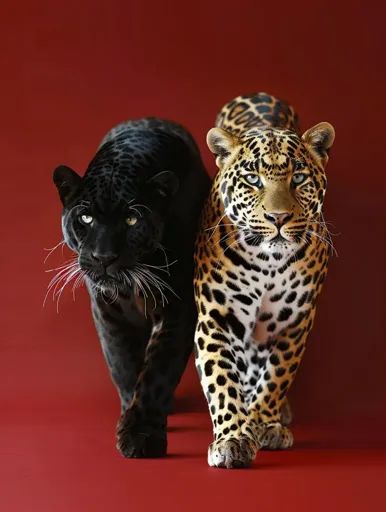 ↑↑↑ Larger size on website 🔸 A black panther and a leopard walk side by side on a red background. The black panther has white whi 🔸 From Midjourney AI Image Black Panther And Leopard, Leopard And Panther, The Black Panther, Leopards, Side By Side, Red Background, Black Panther, Big Cats, Blue Eyes