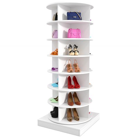 PRICES MAY VARY. PRACTICAL ROTATING SHOE RACK - This 7-tier shoe rack features a 360° rotating design, and the rotating shoe tower combines the storage capacity of a shoe rack with the convenience of rotation. You can use it in any corner, it can help you store your favorite shoes and bags neatly, and the vertical swivel design is very convenient for you to use STURDY AND DURABLE - This rotating shoe rack is made of high-quality engineered wood with a reinforced bottom plank to ensure stability Bookshelf For Shoes And Bags, Corner Shoe Rack, Shoe And Bag Rack Ideas, Shoe Organization Small Space, Spinning Shoe Rack, Rotating Shoe Rack, Spin Shoes, Sneaker Displays, Bag Rack