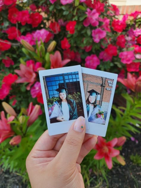 Two polaroids of a graduate in a green cap and gown being held in front of a rose bush. Polaroid Graduation Pictures, Graduation Pictures Books, Polaroid Graduation, Senior Era, Senior Year Things, Sr 25, Senior Year Of High School, Graduation Pics, Graduation Photography Poses