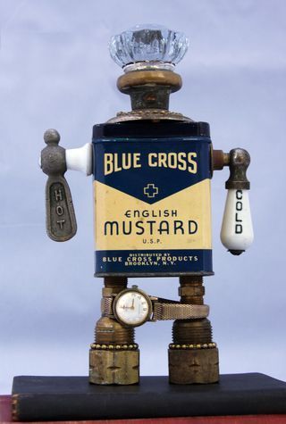 Steampunk Guy, Junk Robot, Colonel Mustard, Old Tins, English Mustard, Recycled Robot, City Names, Tin Can Art, Recycling Information