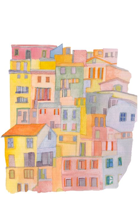 Initial illustration of Cinque Terre in Italy. Watercolour. Travel Poster. Initial Illustration, Rm 1, Cover Ideas, Italy Photo, Ink Drawings, Highlight Icons, Instagram Highlight Icons, Ink Pen Drawings, Travel Poster