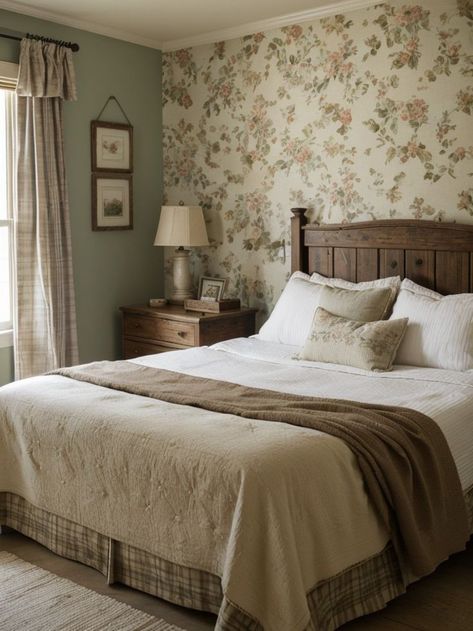 Create a charming country-inspired bedroom by adding an accent wall with vintage floral wallpaper. Pair it with a distressed wood bedframe and complete the cozy look with a cozy plaid throw blanket and rustic lantern bedside lamps. Rustic Accent Wall, Plaid And Floral, Vintage Floral Wallpaper, Country Bedding, Floral Bedroom, Plaid Throw Blanket, Vintage Floral Wallpapers, Rustic Lanterns, Bedside Lamps