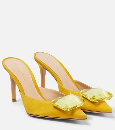 Gianvito Rossi - Jaipur 85 embellished satin mules | Mytheresa Cowboy Shoes, Dance Heels, Yellow Sandals, Yellow Accessories, Yellow Heels, Boots Square Toe, Mid Heels Pumps, Rossi Shoes, Yellow Satin