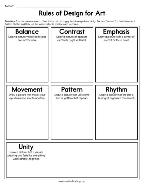 Art Design Principles Worksheet: A comprehensive guide to the fundamental principles of art and design, with exercises to help you apply them to your own #Art_Handouts #Art_Teacher_Resources #Have_Fun_Teaching #6th_Grade_Art Art Teacher Resources, Art Handouts, 6th Grade Art, Have Fun Teaching, Elements And Principles, Art Worksheets, Principles Of Art, Design Rules, Principles Of Design