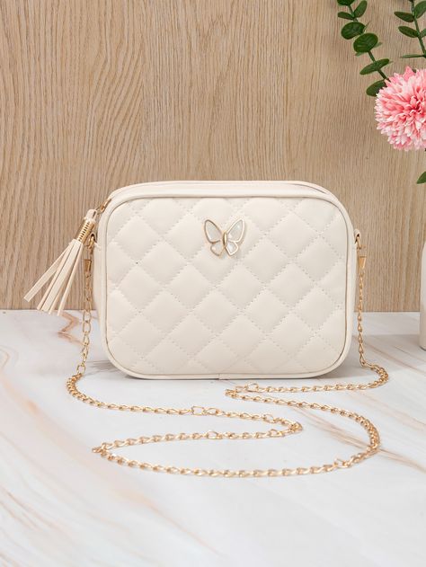 Mini Tassel Decor Quilted Chain Crossbody Bag,Chain Shoulder Purse With Butterfly & Tassel DecorI discovered amazing products on SHEIN.com, come check them out! Girls Messenger Bag, Square Shoulder Bag, Cute Crossbody Bags, Tassel Decor, Tassels Decor, Embroidered Butterfly, Tassels Fashion, Cute Butterfly, Tassel Bag