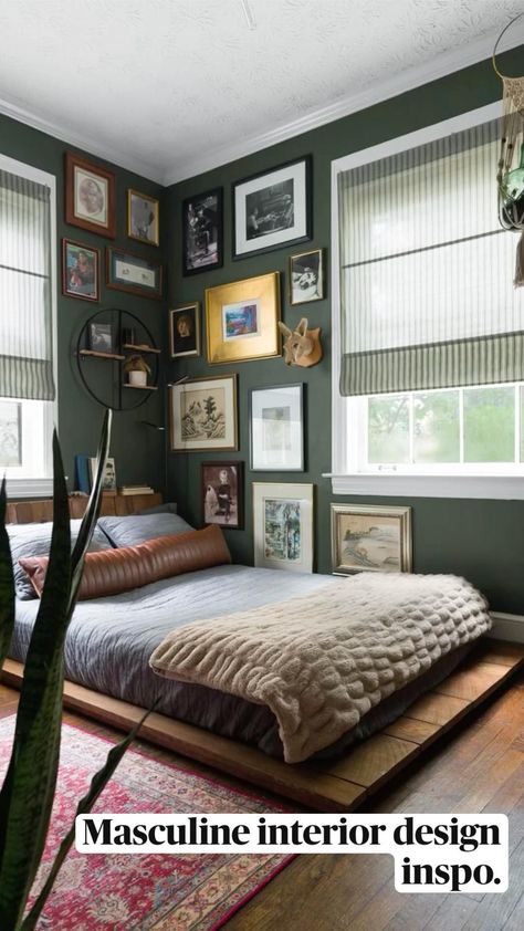 Boho Bedroom Masculine, Men’s Earthy Bedroom, Bedroom Aesthetic Ideas Minimalist, Cozy Men Bedrooms, Men’s Cozy Bedroom, Minimalist Bedroom Masculine, Mens Small Bedroom Decor, Mens Moody Bedroom, Masculine Room Decor Men Bedroom