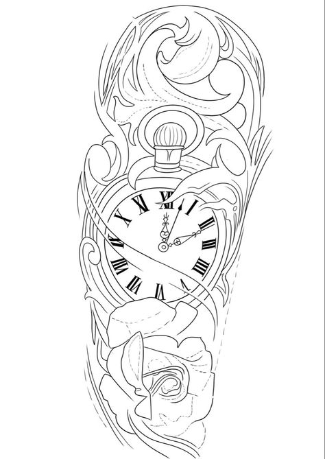 Clock With Flowers Tattoo Design, Rose Tattoo Stencil Outline Men, Rose Clock Tattoo, Clock Tattoo Stencil, Tato Jam, Clock Tattoo Ideas, Black And Grey Rose Tattoo, Clock And Rose Tattoo, Half Sleeve Tattoos Sketches