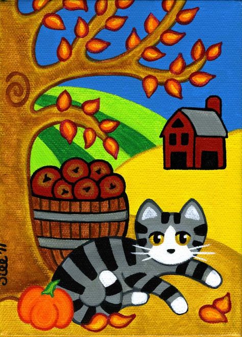 Grey Tabby Cat in Fall by Jill West Tabby Cat Painting, Grey Tabby Cat, Shabby Sheek, Fall Scenery, Grey Tabby, Frida Art, Cat Art Print, Cat Crafts, Autumn Painting