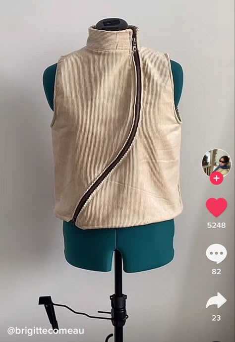 Alternative asymmetrical zipper on a beige vest Asymmetrical Vest Pattern, Alternative Sewing Patterns, Asymmetrical Vest, Zipper Sewing, Asymmetrical Jacket, Fashion Alternative, Asymmetric Jacket, Diy Clothes Design, Tiktok Fashion