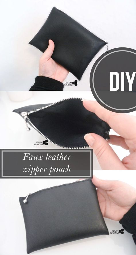 How to make a zipper bag for makeup using faux leather. Easy to make. The tiny honeycomb Diy Makeup Bag Pattern, Faux Leather Bag Pattern, Outside Makeup, Makeup Bag Pattern, Diy Makeup Bag, Artist Bag, Leather Zipper Pouch, Diy Leather Projects, Vanity Drawers