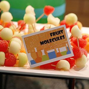 Mad Scientist Party: Fruit Molecules Fruit Molecules, Science Vbs, Science Themed Party, Science Birthday Party Ideas, Scientist Birthday Party, Mad Scientist Birthday, Nerd Party, Mad Science Party, Scientist Birthday