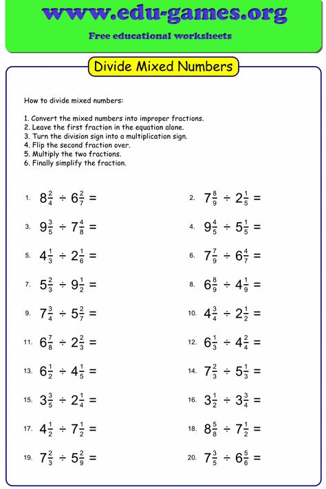 Free worksheets for dividing mixed numbers. Dividing Mixed Numbers, Dividing Mixed Fractions, Mixed Numbers Worksheet, Mixed Fractions Worksheets, Division Facts Worksheets, Dividing Fractions Worksheets, Multiplying Mixed Numbers, Fractions Division, Math Fractions Worksheets