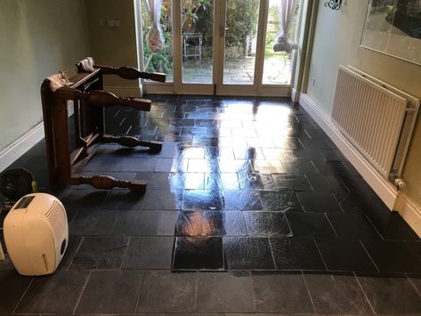 Black Slate Floor During Renovation Lancaster Black Slate Floor Tiles, Black Slate Floor, Black Slate Tiles, Slate Floors, Slate Floor, Slate Tile Floor, Neutral Tile, Slate Wall Tiles, Floor Makeover