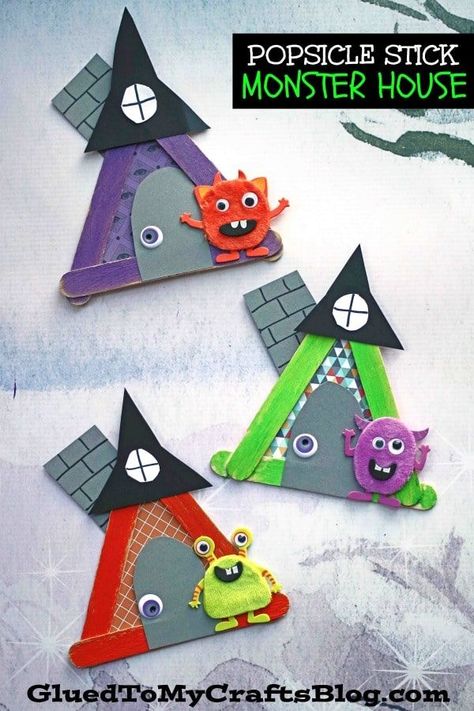 #gluedtomycrafts Popsicle Stick Monster House - Halloween Kid Craft Idea Monster House Halloween, Bunk Bed Decorating Ideas, Bed Decorating Ideas, Diy Fall Wreaths, Monster Craft, Monster Crafts, Carte Halloween, Fun Halloween Crafts, Halloween Arts And Crafts