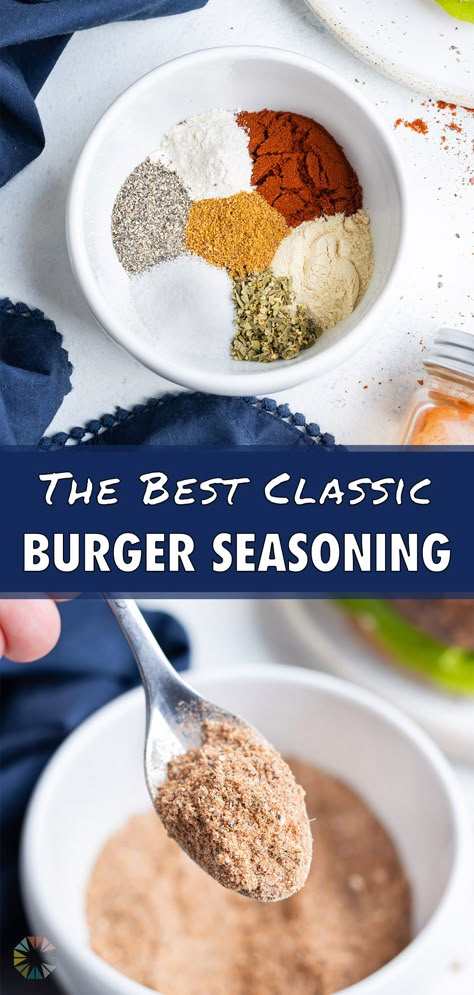 Use this Burger Seasoning recipe to make classic burger patties absolutely incredible! With simple ingredients like paprika, onion and garlic powders, and oregano, you will learn how to season a burger that is perfect for grilling. This mix is good for beef, turkey, and bison, or use it on your Beyond or Impossible options! Cheeseburger Seasoning Recipes, Seasoned Hamburger Patties Recipes, How To Season Hamburger Patties, Bison Burgers Seasoning, Burger Seasoning Recipe Ground Beef, Hamburger Meat Seasoning, How To Make Burger Patties, Season Burger Patties, Beef Burger Seasoning