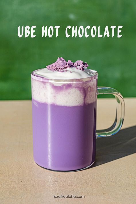 Ube Hot Chocolate Ube Drink Recipes, Hot Chocolate Business Ideas, Ube Desserts Recipes, Bakery Drinks, Hot Chocolate Whipped Cream, Ube Latte, Coconut Whip, Mixology Recipes, Cafe Drinks