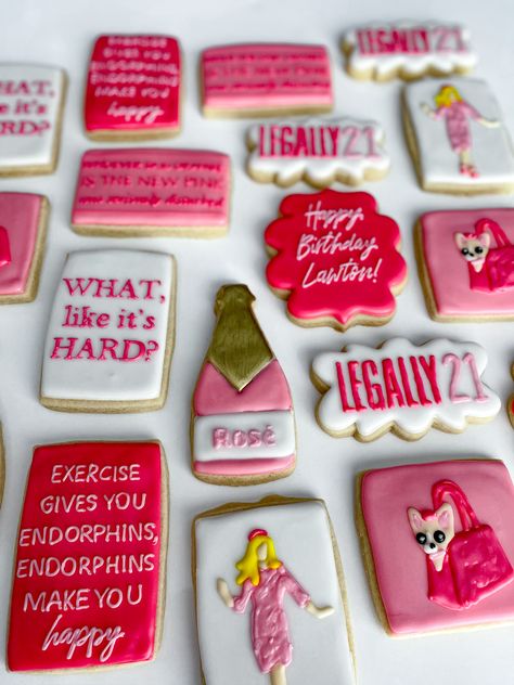 Legally Blonde Party Food, Legally Blonde Cookies, Legally Blonde Graduation Party, Legally Blonde Birthday Party, Legally Blonde Party Theme, Legally Blonde Bachelorette Party, Legally Blonde Party, January Movies, School Acceptance