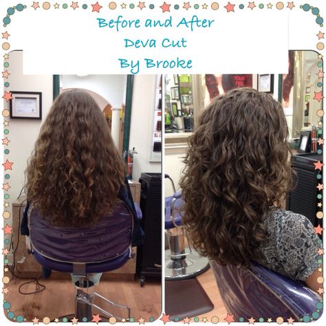 Before and after Deva Cut by Brooke Curly Haircut Before And After, Deva Cut Wavy Hair, Long Permed Hair Before And After, Curly Cut Before And After, Deva Cut Curly Hair, Perm Before And After, Deva Curl Cut, Curly Hair Cut, Long Layered Curly Hair