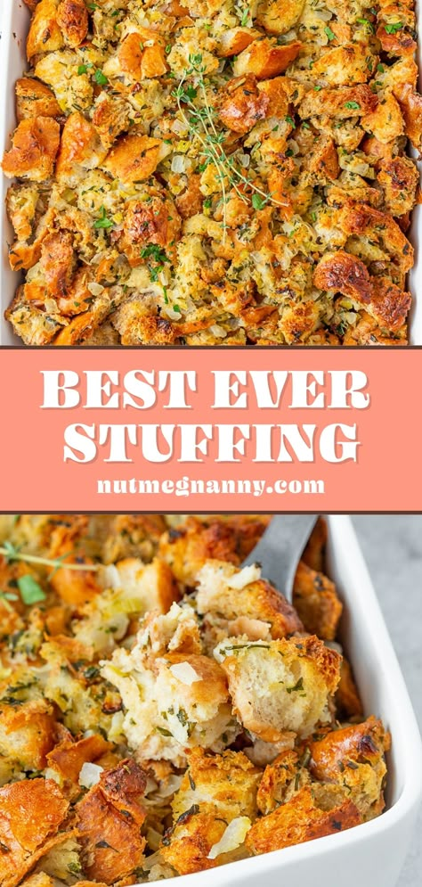 This homemade buttery herb stuffing is the perfect classic holiday recipe! It's made with toasted bread, onion, celery, tons of fresh herbs, and, of course, butter! Stuffing Recipes No Meat, Stuffing Recipes No Celery, Stuffing No Celery, Home Made Stuffing Recipe, Buttery Herb Stuffing, Simple Stuffing Recipe, Home Made Stuffing, Dressing Stuffing Recipes, Christmas Stuffing Recipe