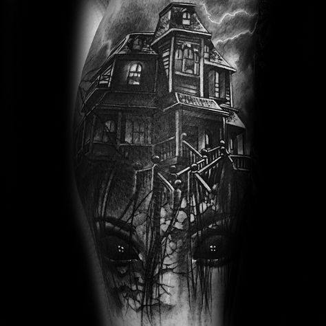 Spooky Sleeve Tattoo Men, Haunting Tattoo, Haunted Tattoo Ideas, Halloween Chest Tattoo, Haunted House With A Picket Fence Tattoo, Haunted House Tattoo Design, Haunted Castle Tattoo, Haunted Tattoo, Haunted House Back Tattoo