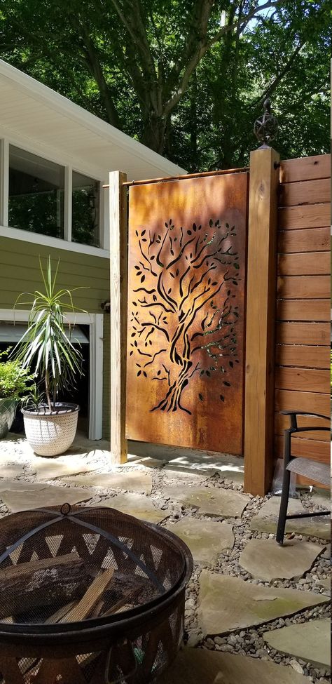 Custom Size Tree Garden Door, Large Metal Art Panels, Fencing Panels, Garden Metal, Outdoor Privacy Screens . - Etsy Tall To Short Fence Transition, Privacy Landscaping Between Houses, Backyard Privacy Ideas From Neighbors, Metal Screen Panels, Steel Privacy Screen, Deck Around Trees, Outdoor Privacy Screens, Metal Garden Screens, Fencing Panels