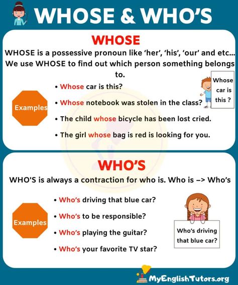 WHOSE vs WHO'S: What's the Difference Between Them? - My English Tutors Whose Worksheet, Punctuation Tips, English Antonyms, Improve English Writing, English Homework, English Conversation Learning, Possessive Pronoun, Sensory Details, School Daze