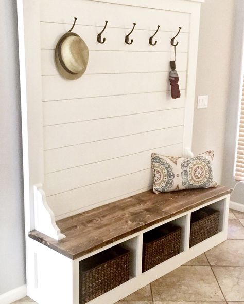 I love this hall tree so much because it’s way easier to shiplap it than your entire entryway!  Build it with plans on @sprucd created by… Diy Hall Tree With Shoe Storage, Shiplap Hall Tree, Diy Hall Tree, Cubby Bench, Vstupná Hala, Hall Tree Bench, Diy Entryway Bench, Tree Bench, Mudroom Decor