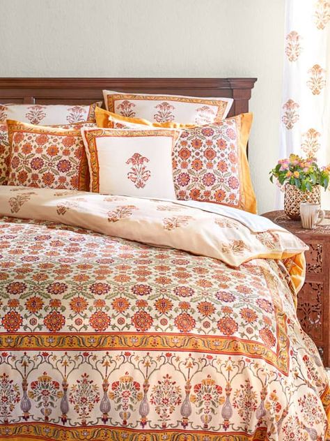 Review of this Saffron Marigold Orange Blossom ~ Mediterranean Floral Orange Duvet Cover. This Indian block print fabric is handcrafted and makes for georgeous luxury bedding. Visit my blog post for the full review and giveaway. Orange Duvet, Orange Duvet Covers, Orange Curtains, Orange Bedding, Fall Bedding, Orange Decor, Floral Bedding, Cotton Duvet Cover, Cotton Duvet