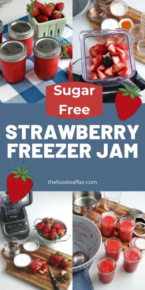 No special canning equipment required to make freezer jam.  Use this same recipe for raspberry jam too.  Add to yogurt, ice cream, toast and any baked item.  Freeze for up to a year. #lowcarb #strawberry #jelly #preserves Sugar Free Freezer Jam, Easy Strawberry Freezer Jam, Strawberry Freezer Jam Recipe, Rhubarb Freezer Jam, Peach Freezer Jam, Raspberry Freezer Jam, Sugar Free Jam Recipes, Sugar Free Strawberry Jam, Sugar Free Recipe