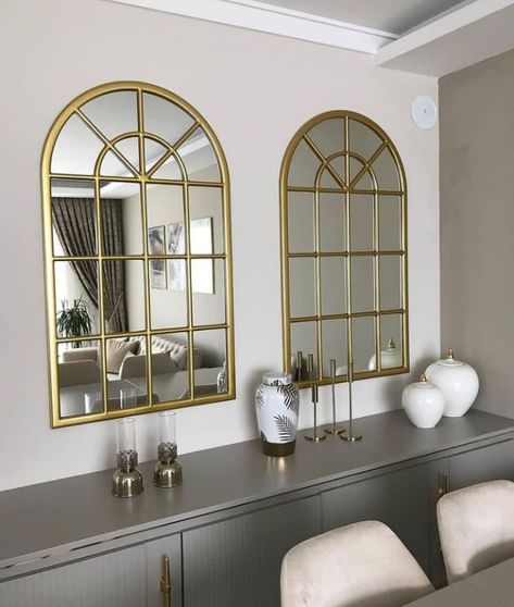 Window Mirror Dining Room, Cathedral Mirror, Mirror Farmhouse, Mirror Decor Living Room, Bedroom Ideas For Small Rooms Cozy, Staircase Wall Decor, Mirror Interior Design, Mirror For Living Room, Living Room Wall Designs