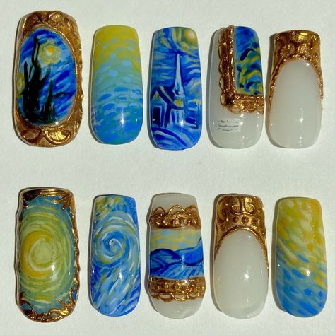 Van Gogh Inspired Nail Art, Starry Night Nails Van Gogh, Van Gogh Inspired Nails, Hand Paint Nail Art, Starry Night Nail Art, Van Gogh Nail Art, Nails Starry Night, Van Gogh Nails, Starry Night Nails