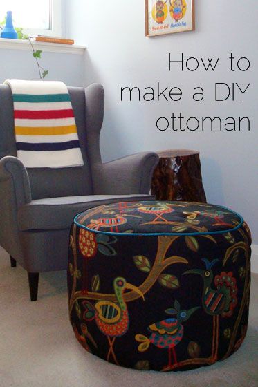 Basement Reading Nook, Diy Pouffe, Pouf Ottoman Diy, Strandmon Ikea, Diy Footstool, Diy Pouf, Diy Stool, Diy Ottoman, Round Footstool