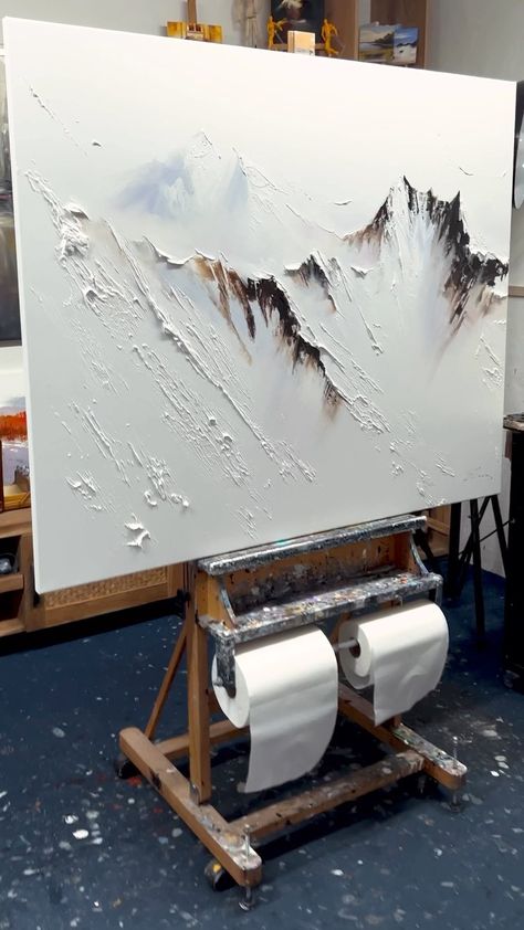 In a world of hustle and bustle, I’ve found m haven and peace in the silence of snowy mountains. #mountains #mountainslovers #mountainart… | Instagram Abstract Landscape Painting Mountains, Art Mountains Paint, Mountain Abstract Art, Oil Painting Mountains, Tranquil Artwork, Snowy Mountain Landscape, Mountain Oil Painting, Sculpture Art Projects, Abstract Mountains