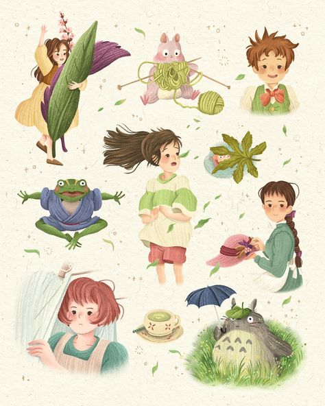 Caro Marando | Illustration & lettering (@caromarando) • Instagram photos and videos Ghibli Illustration Art, Ghibli Green, Studio Ghibli Inspired, Illustration Lettering, Family Vector, Pretty Drawings, Ghibli Art, Business Stickers, Vector Portrait