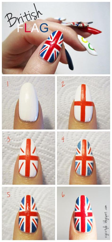 British Flag Nails - follow this picture tutorial for a great way to get that patriotic look right at your finger tips :) British Flag Nails, Union Jack Nails, One Direction Nails, Olympic Nails, Nail Diamond, Flag Nails, Nails Tutorial, London Nails, Nagel Tips