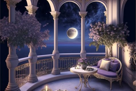 Castle Balcony Aesthetic Night, Royal Balcony Aesthetic Night, Night Palace Fantasy Art, Balcony Fantasy Art, Castle Balcony Night, Fantasy Balcony, Princess Balcony, Night Balcony, Castle Balcony