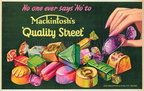 Mackintoshs Quality Street Advertisement, 1954. Also, go and read about the varieties of the chocolates and toffees included: http://en.wikipedia.org/wiki/Quality_Street_%28confectionery%29 Print Advertising Design, Quality Streets Chocolates, Old Sweets, British Chocolate, Vintage Food Posters, Desserts Drawing, Candy Poster, 70s Nostalgia, Fashion Make Up