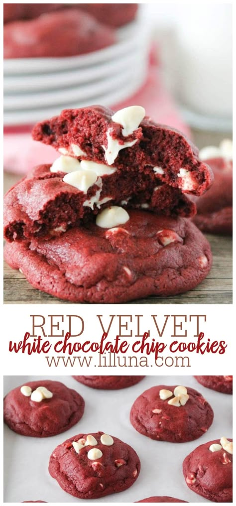 Luscious red velvet white chocolate chip cookies are rich yummy. They are loaded with white chocolate chips and under baked to perfection! #redvelvet #redvelvetcookies #whitechocolate #cookies #valentinesday #valentinescookies Red Velvet White Chocolate Chip Cookies, Red Velvet Chocolate Chip Cookies, Red Velvet Cake Mix Cookies, Red Velvet Cookie Recipe, Red Velvet Recipes, Velvet Cookies, Red Velvet Cake Mix, Chocolate Crinkle Cookies, White Chocolate Chip Cookies