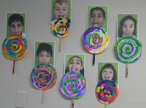 Lollipop and photo art project Lollipop Art, Lollipop Craft, Willy Wonka Party, Red Lollipop, Lollipop Party, School Start, Elementary Lessons, Stem Ideas, 2nd Grade Art