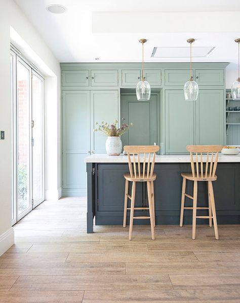 Green Country Kitchen, Quorn Stone, Country Kitchen Inspiration, Wood Effect Floor Tiles, Wood Effect Porcelain Tiles, Beautiful Tile Floor, Herringbone Wood Floor, Herringbone Wood, Indoor Tile