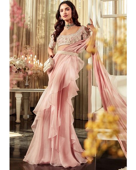 Pink Embroidered Blouse and Ruffled Sari | Ridhi Mehra Saree Chiffon, Onion Pink, Ridhi Mehra, Net Blouse, Draped Saree, Fancy Sarees Party Wear, Modern Saree, Ruffle Saree, Embroidered Crop Tops