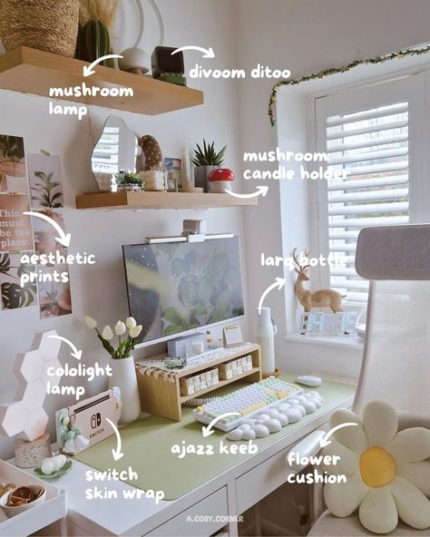 desk setup anatomy Dream Art Room, Green And White Bedroom, Desk Items, Beautiful Bedroom Decor, Cozy Desk, Study Desk Decor, Aesthetic Bedroom Ideas, Gamer Room Decor, Aesthetic Living Room