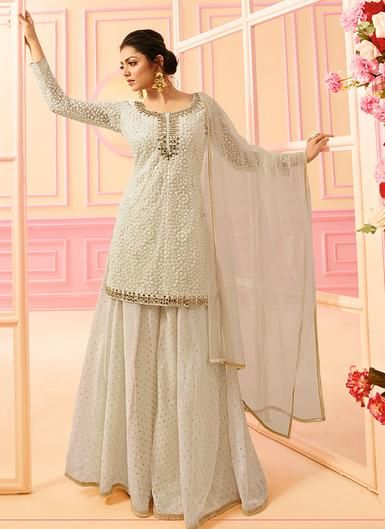 White Net and Chanderi Embroidered Sharara Suit White Sharara, Orang India, Yellow Wedding Dress, Sharara Designs, Kameez Designs, Gaun Fashion, Choli Designs, Sharara Suit, Salwar Kamiz