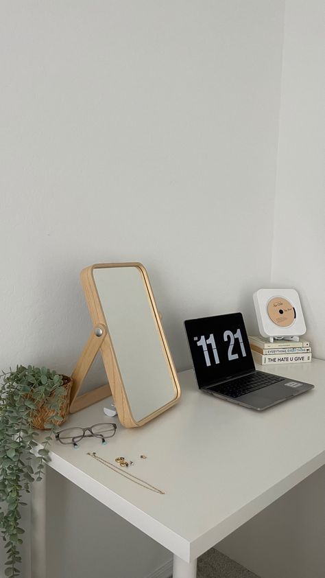 White And Green Desk Aesthetic, Sage Green Desk Decor, Table Mirror Aesthetic, Desk Mirror Aesthetic, Minimalist Plant Room Aesthetic, Minimalist Desk Aesthetic, Green Desk Aesthetic, White Desk Aesthetic, Soft Green Bedroom