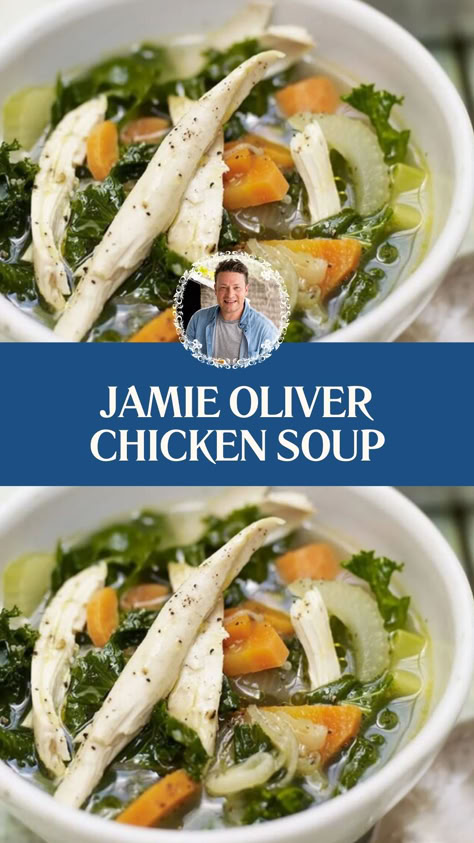 Jamie Oliver Chicken Soup​ Whole Chicken Soup, Yummy Soup Recipes, Jamie Oliver Chicken, Farming Lifestyle, Celebrity Food, Turkey Soup Recipe, Jamie Oliver Recipes, Turkey Soup, Chicken Garden