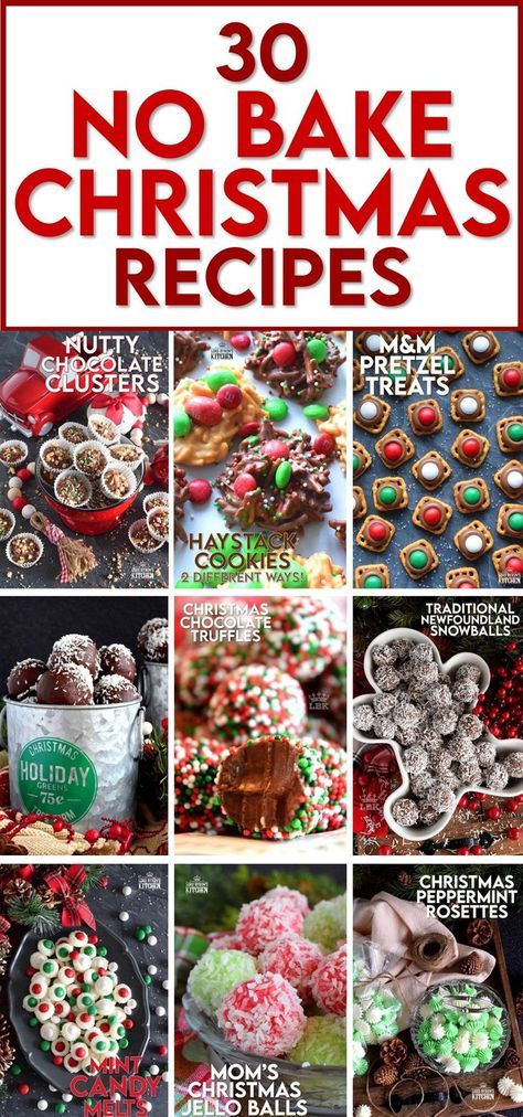 Time seems to pass by much more quickly at Christmastime, so I put together this list of 30 No Bake Christmas Recipes to make preparing your holiday treats a little easier! Save time in the kitchen with some of the best-tasting festive recipes to share with your family and friends this season! #nobake #holiday #christmas #recipes No Bake Christmas Recipes, No Bake Christmas, Bake Christmas, Christmas Cookie Recipes Holiday, Christmas Baking Cookies, Christmas Sweet Treats, Festive Recipes, Xmas Treats, Easy Christmas Treats